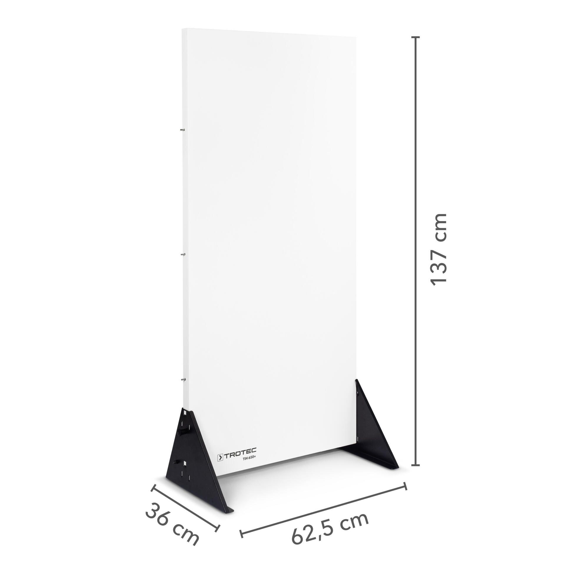 Nahaufnahme der Trotec TIH 650 Infrarotheizung: weiße Heizplatte mit schwarzen Füßen, Maße 137x62,5x36 cm. Ideal für effiziente Wärme.