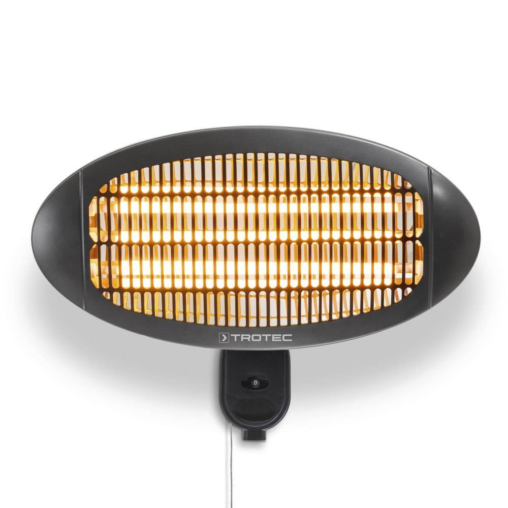 Nahaufnahme eines Infrarot-Heizstrahlers IR 2000 S von Trotec. Das Gerät ist schwarz und hat ein ovales Design mit Heizstäben im Inneren.