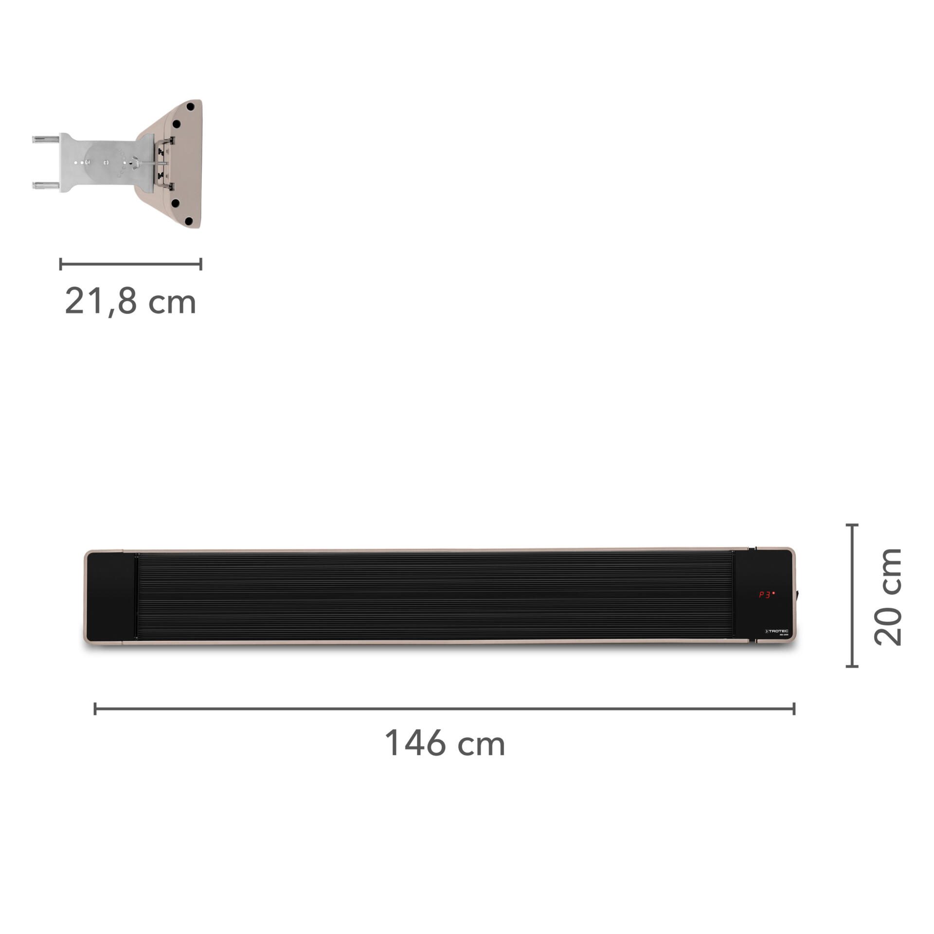Dunkelheizstrahler IRD 2400: Detailansicht mit Maßen. Ideal für Terrasse & Balkon. Effiziente Infrarotwärme ohne Blendung. Jetzt entdecken!