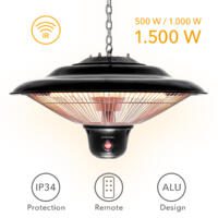 Design-Deckenheizstrahler IR 1500 SC: Schwarzer Heizstrahler mit Kettenaufhängung für Innenräume. Wärme und Design für gemütliche Stunden.