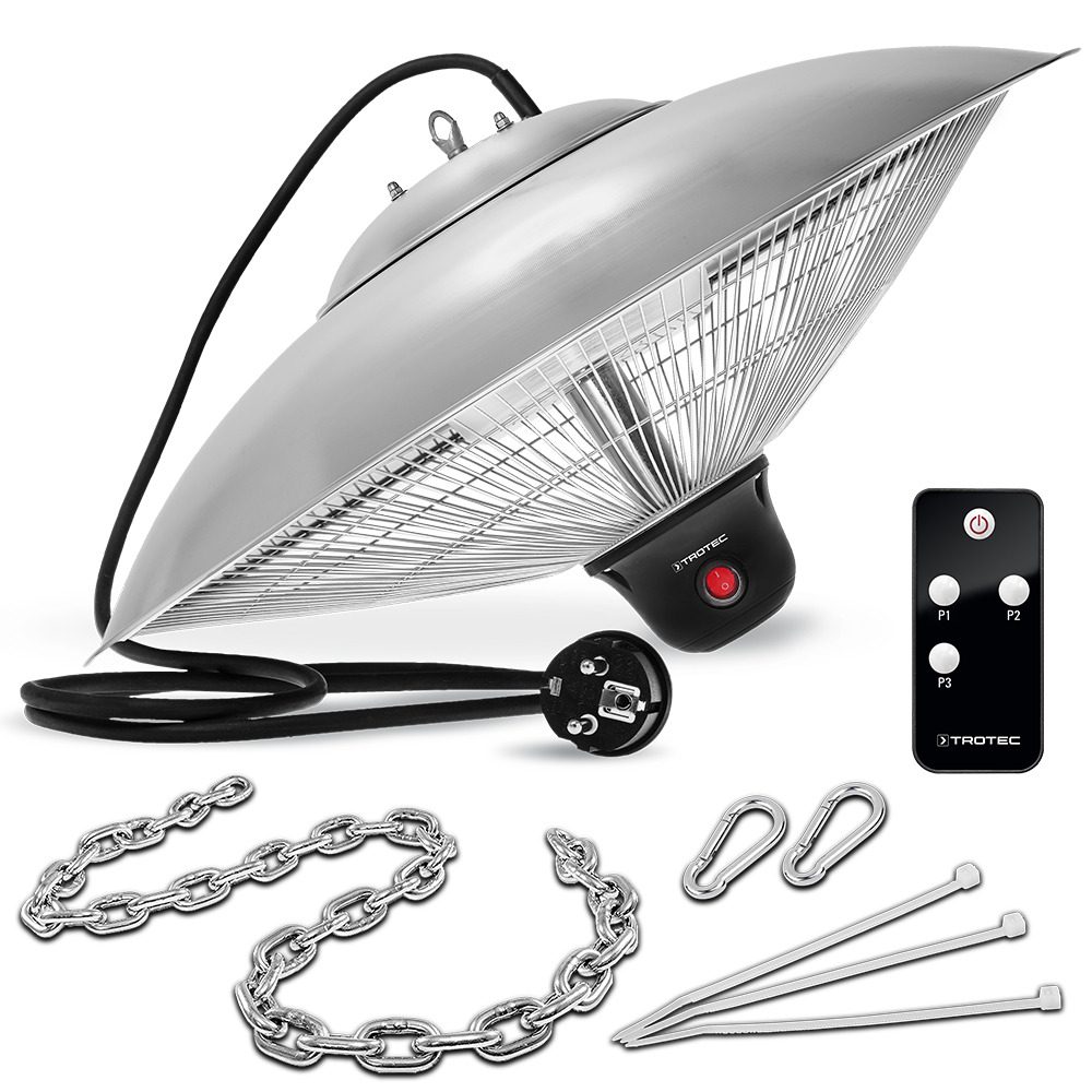 Design Deckenheizstrahler IR 2000 SC: Silberner Heizstrahler mit Zubehör wie Ketten, Haken und Fernbedienung für angenehme Wärme.