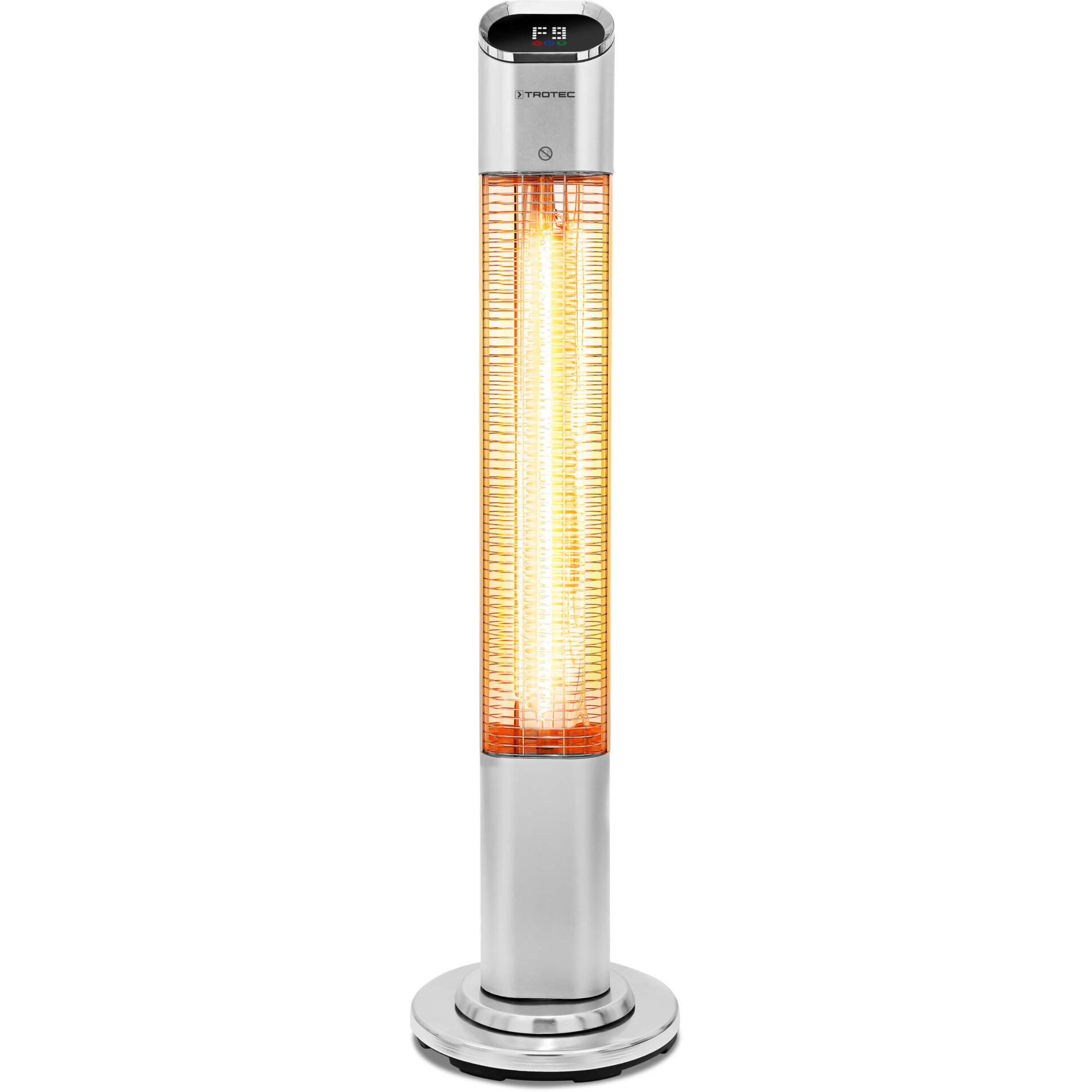 Moderner Terrassen-Heizstrahler IRS 2050 E von Trotec. Silbernes Gehäuse, digitale Anzeige. Ideal für gemütliche Abende im Freien. Heizt effizient.