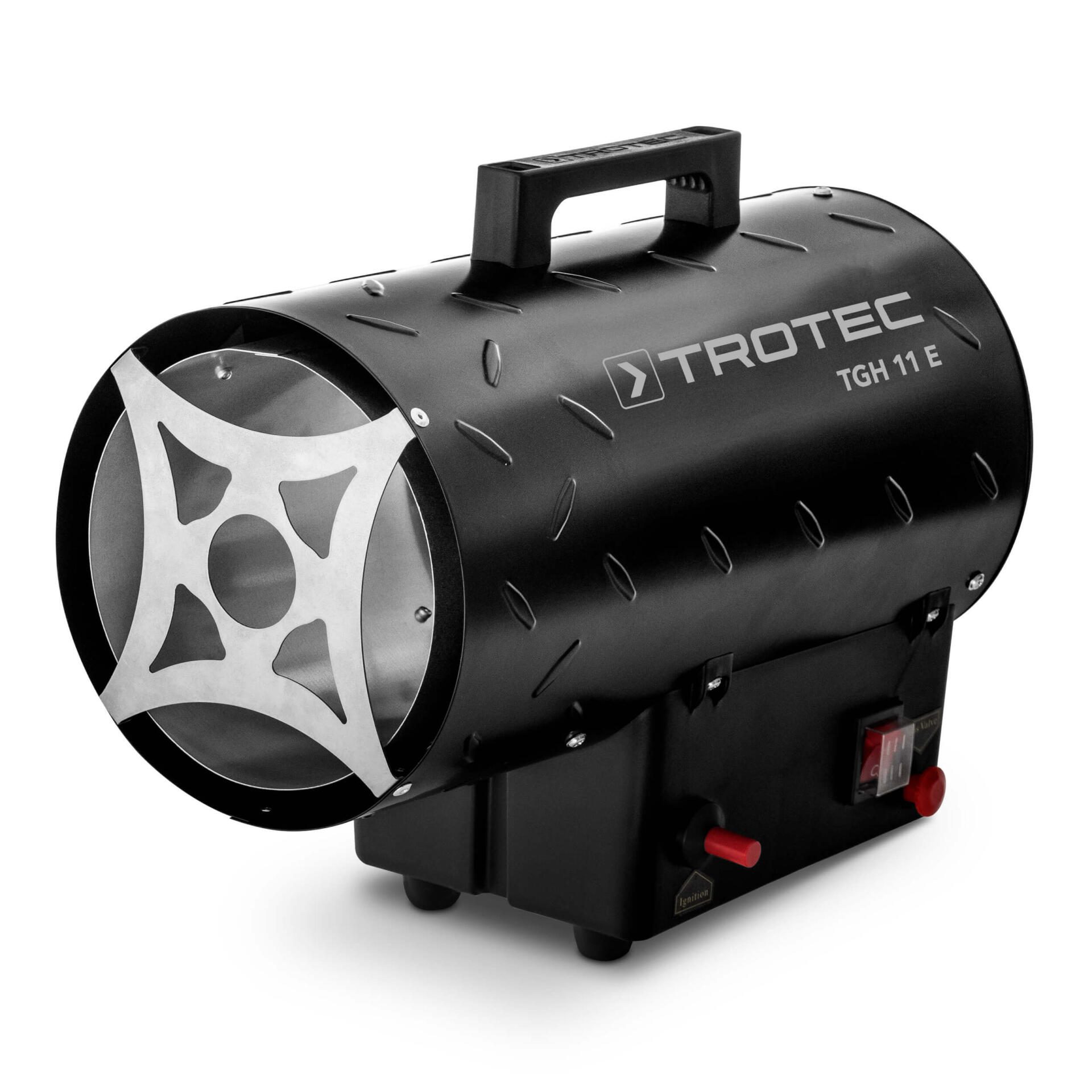 Schwarzes Gasheizgebläse TGH 11 E von TROTEC. Ideal für Baustellen. Kompaktes Design mit Tragegriff. Robuste Bauweise, einfache Bedienung.