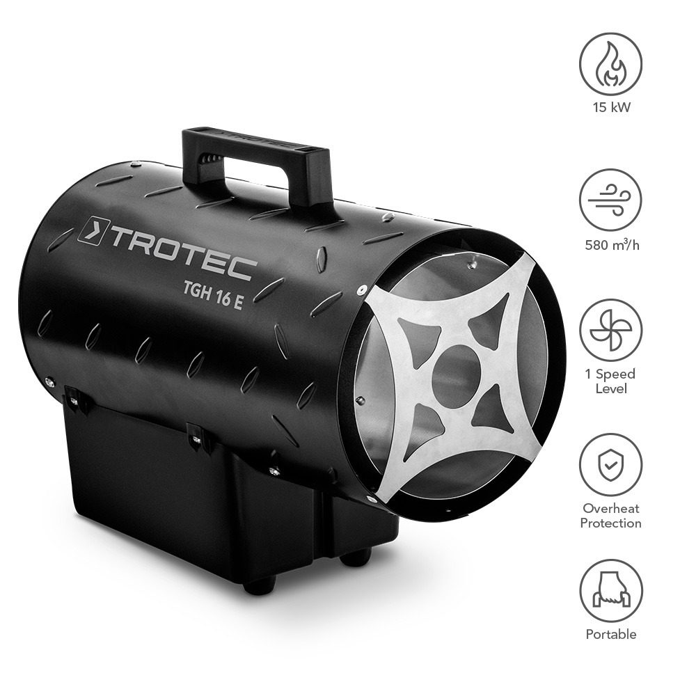 Gasheizgebläse TGH 16 E von Trotec: Leistungsstarkes, mobiles Heizgerät für schnelle Wärme. Ideal für Baustellen und gut belüftete Räume.