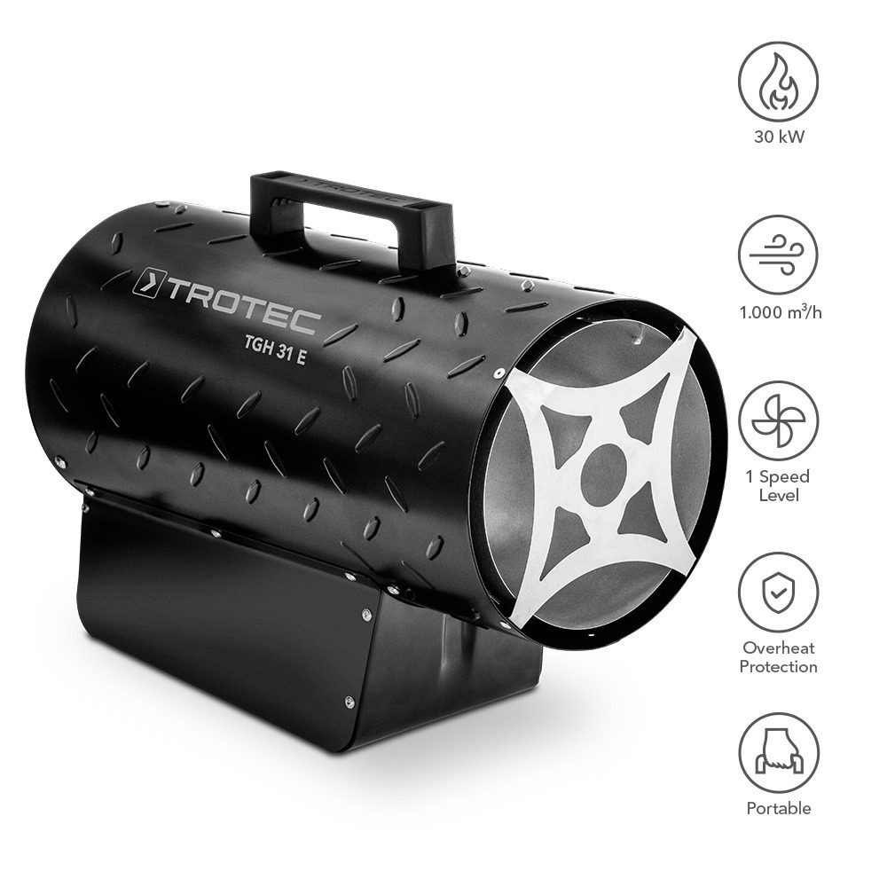 Das Bild zeigt einen Trotec Gasheizgebläse TGH 31 E. Das Gerät ist schwarz und hat ein robustes Design. Ideal für Baustellen und Werkstätten.