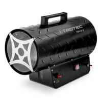 Schwarzes Gasheizgebläse TGH 31 E von Trotec. Ideal für Baustellen und gut belüftete Räume. Heizleistung stufenlos regulierbar.