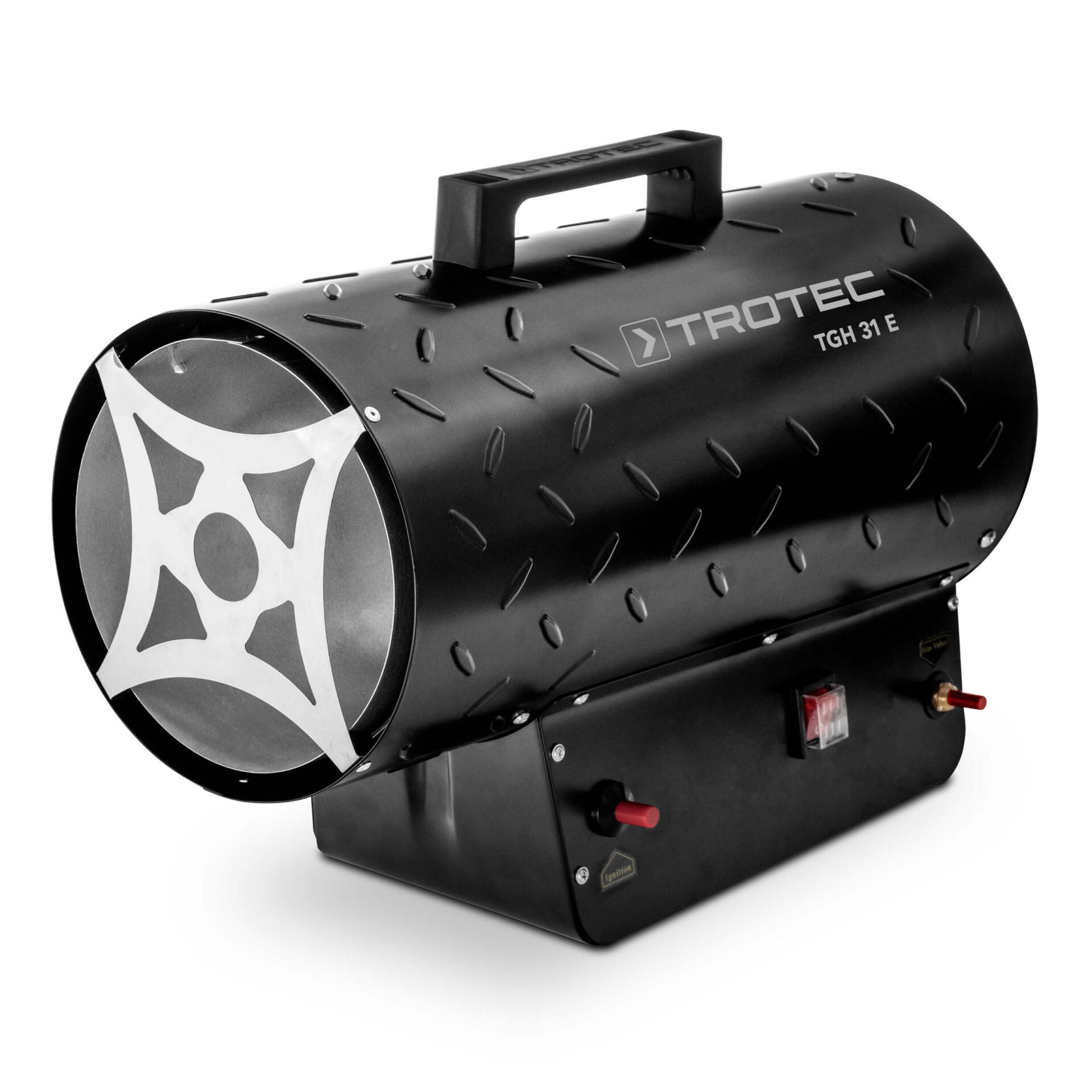 Schwarzes Gasheizgebläse TGH 31 E von Trotec. Ideal für Baustellen und gut belüftete Räume. Heizleistung stufenlos regulierbar.