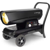 Schwarzes Direkt-Heizgebläse IDX 20 D von Trotec. Mobile Heizlösung für Baustellen und Industrie. Kompaktes Design mit Rädern und Griff.