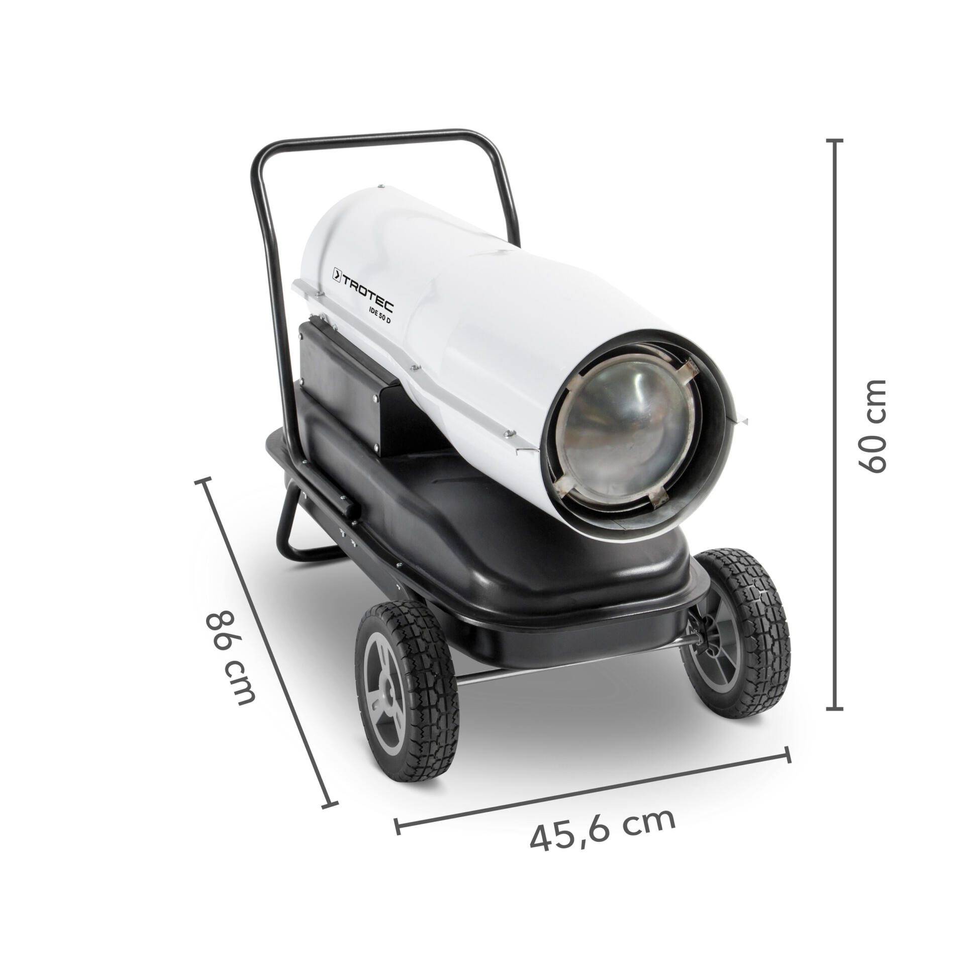 Direkt-Ölheizgebläse IDE 50 D: Weißes Heizgerät mit schwarzen Rädern und Griff. Maße sind eingezeichnet. Ideal für Baustellenheizung.