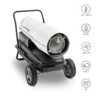 Direkt-lheizgebläse IDE 50 D: Mobiles Heizgerät von Trotec mit Rädern, weißem Gehäuse und schwarzer Basis. Ideal für Baustellen und Zeltheizung.