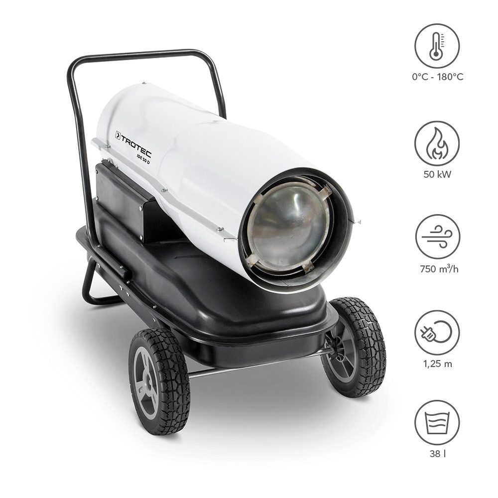Direkt-lheizgebläse IDE 50 D: Mobiles Heizgerät von Trotec mit Rädern, weißem Gehäuse und schwarzer Basis. Ideal für Baustellen und Zeltheizung.