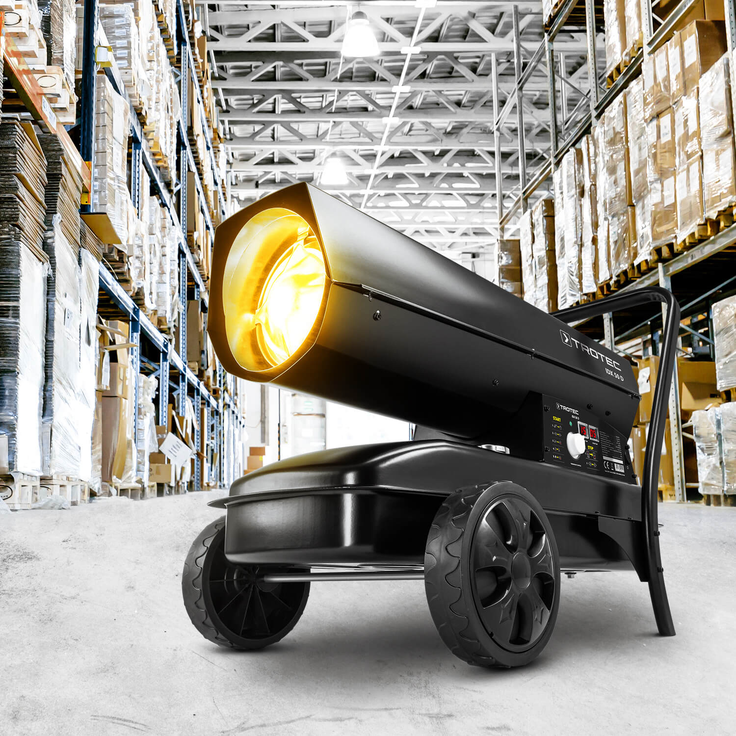 Direkt-lheizgebläse IDX 50 D von Trotec: Leistungsstarkes Heizgerät für Lagerhallen. Mobile, effiziente Direktheizung für schnelle Wärme.