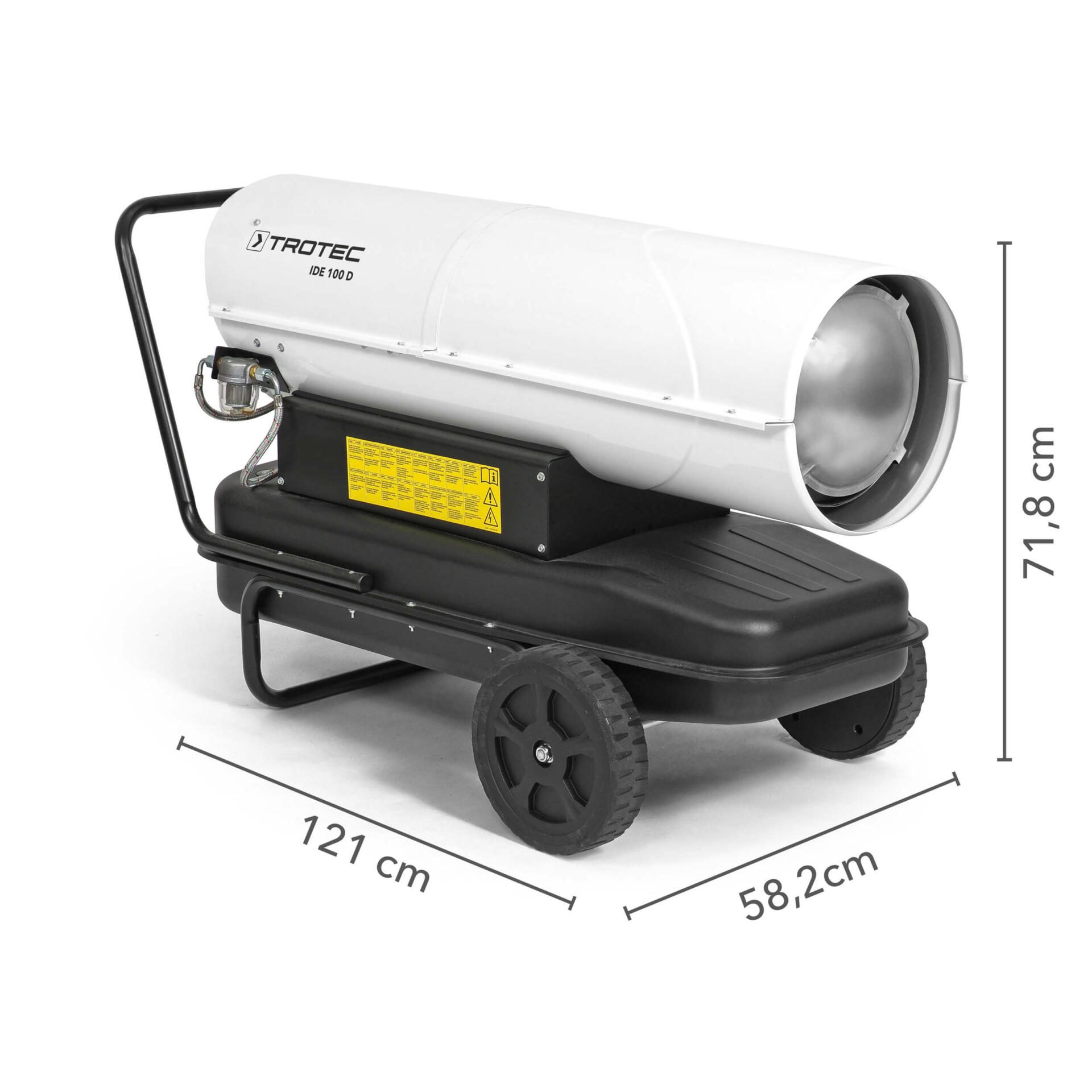 Direkt-Ölheizgebläse IDE 100 D: Weißes Heizgerät mit schwarzem Fahrgestell und Rädern, seitliche Größenangaben. Ideal für Baustellen.
