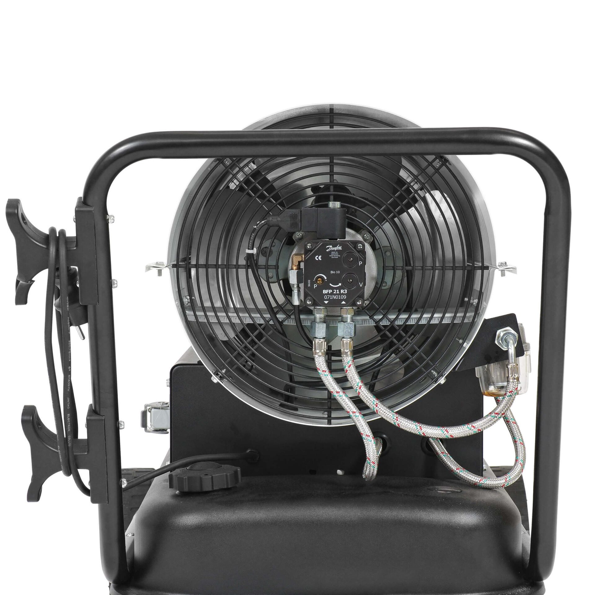 Direkt-lheizgebläse IDE 100 D: Detailansicht des Heizgebläses mit Fokus auf den Lüfter und die zugehörigen Komponenten. Ideal für Bauheizung.