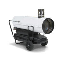 Das Bild zeigt einen Trotec IDE 80 Ölheizer, mobil auf Rädern. Der Heizlüfter ist weiß und schwarz, ideal für Industrie und Baustellen. Heizgebläse.