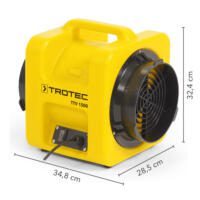 Gelber Förderventilator TTV 1500 von Trotec: Kompaktes Gebläse mit Abmessungen für Baustellen, zur Belüftung und Bautrocknung. Robust und leistungsstark.