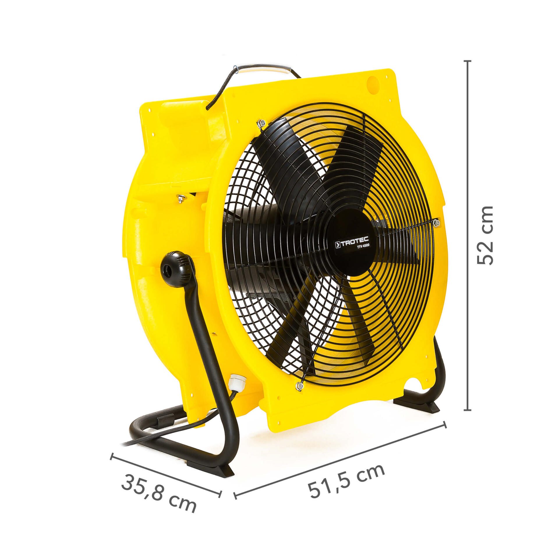 Gelber Axialventilator TTV 4500 von Trotec. Robuster Industrieventilator für Baustellen und Gewerbe. Luftleistung: hoch, stark, zuverlässig.