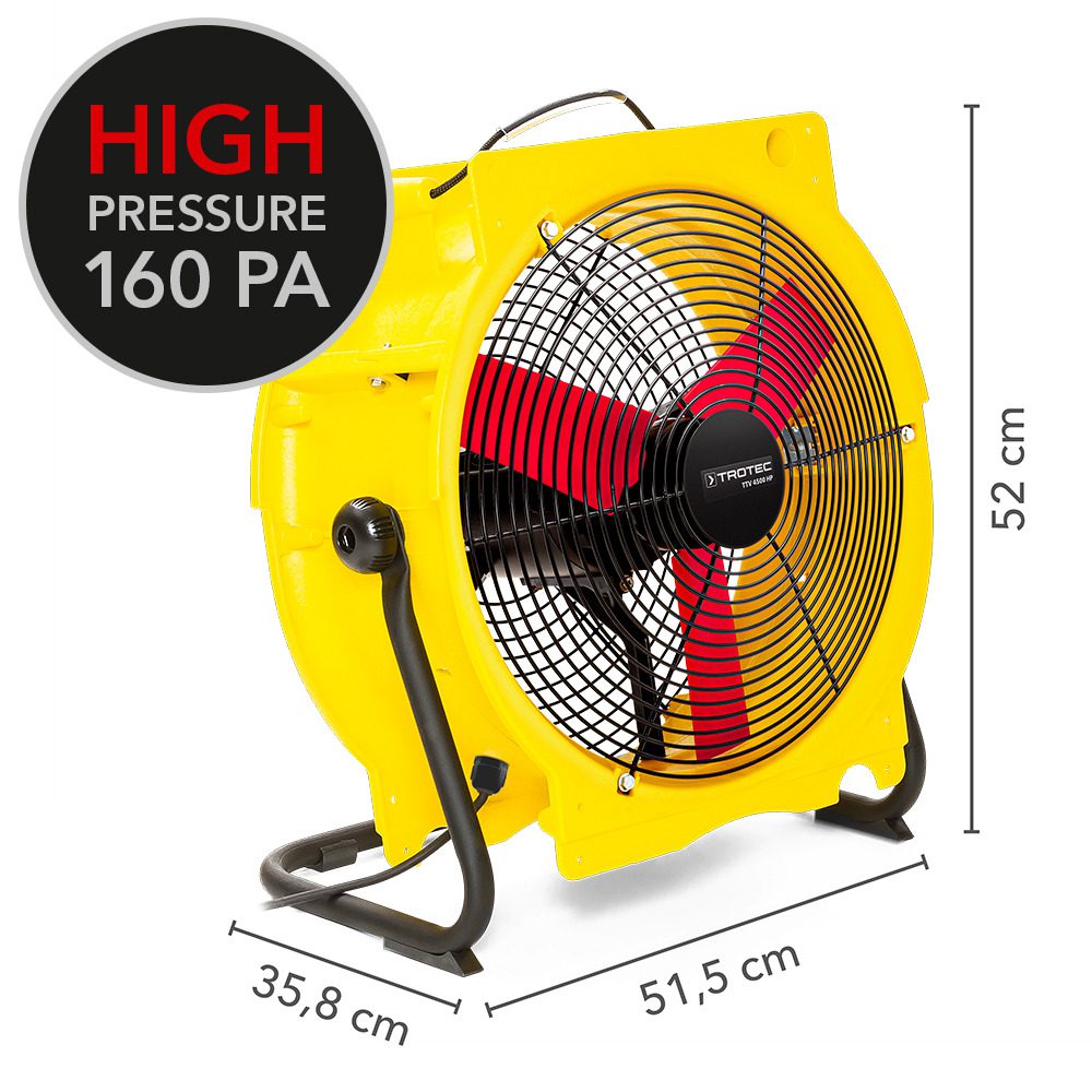Gelber TTV 4500 HP Axialventilator von Trotec mit rotem Rotorblatt und schwarzem Schutzgitter. Hoher Druck, 160 Pa, und detaillierte Größenangaben.