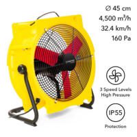Axialventilator TTV 4500 HP: Gelber Ventilator mit roten Rotorblättern für hohe Luftleistung und Druck. Ideal für Bau und Industrie.