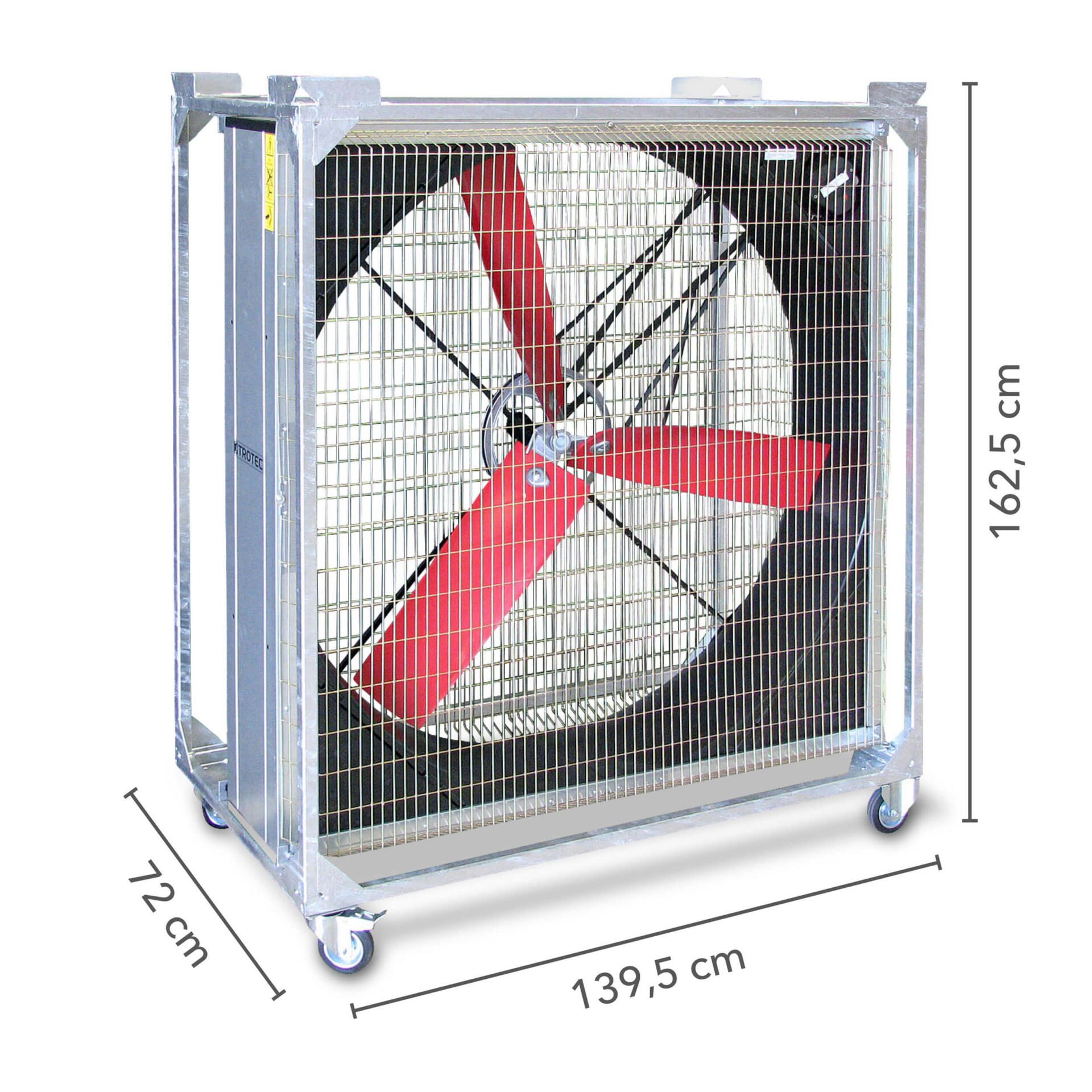 Windmaschine TTW 45000: Industrieller Axialventilator mit rotem Rotorblatt und Schutzgitter. Abmessungen in cm angezeigt. Ideal für Belüftung.