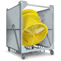 Gelbe TTW 100000 Windmaschine in einem Gitterrahmen auf Rollen. Industrieller Ventilator für Belüftung und Trocknung. Leistungsstark und mobil.