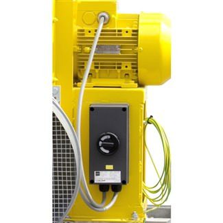 Detailaufnahme eines gelben Radialventilators TFV 300. Industrieller Ventilator zur Belüftung und Trocknung, robust und leistungsstark.