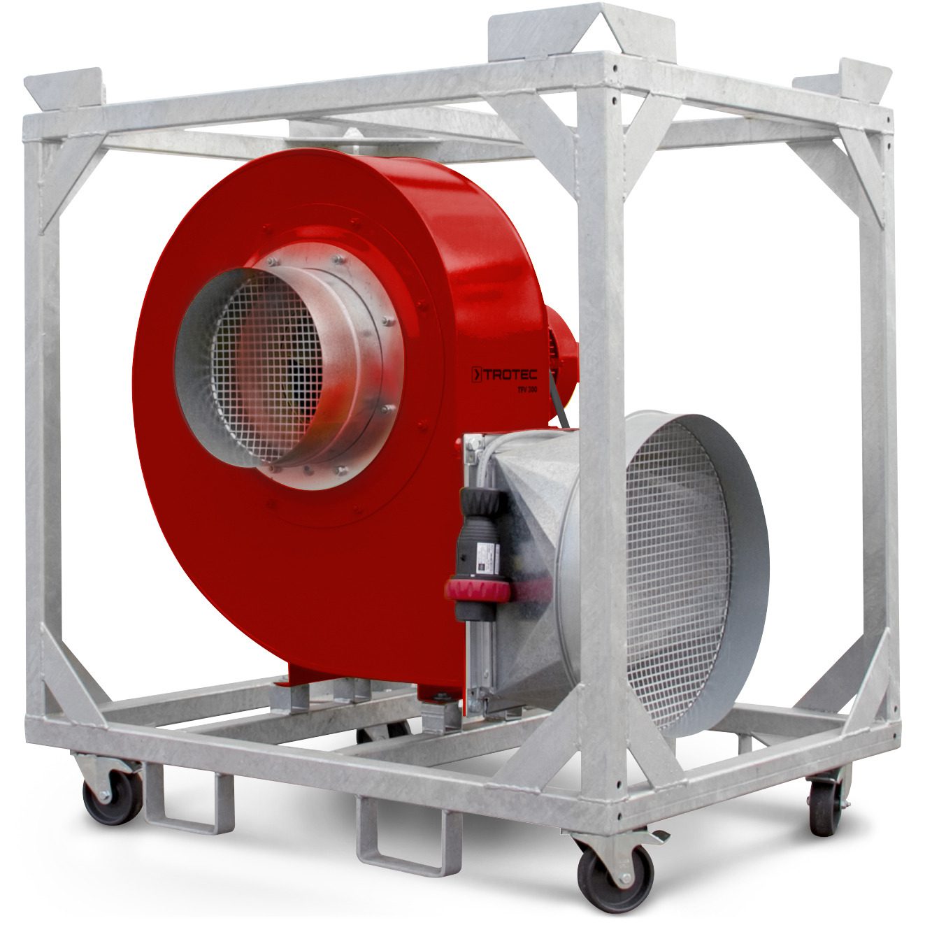 Radialventilator TFV 300 Ex: Leistungsstarker Ventilator für explosionsgefährdete Bereiche, robust und mobil im Stahlrahmen mit Rollen. Ideal für Bau.