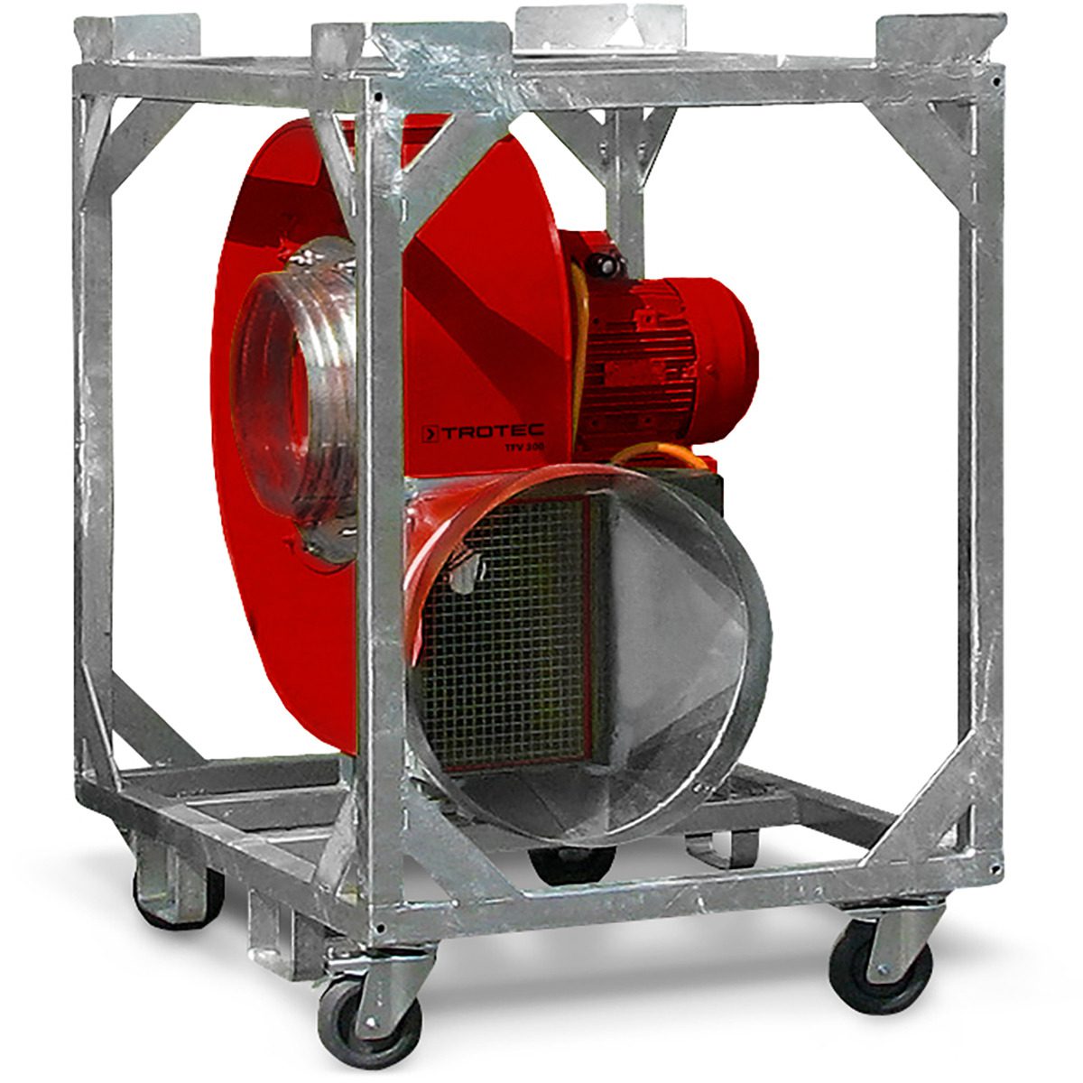 Radialventilator TFV 300 Ex: Robuster Industrieventilator im Metallrahmen mit Rädern. Ideal für explosionsgefährdete Bereiche. Leistungsstark und mobil.