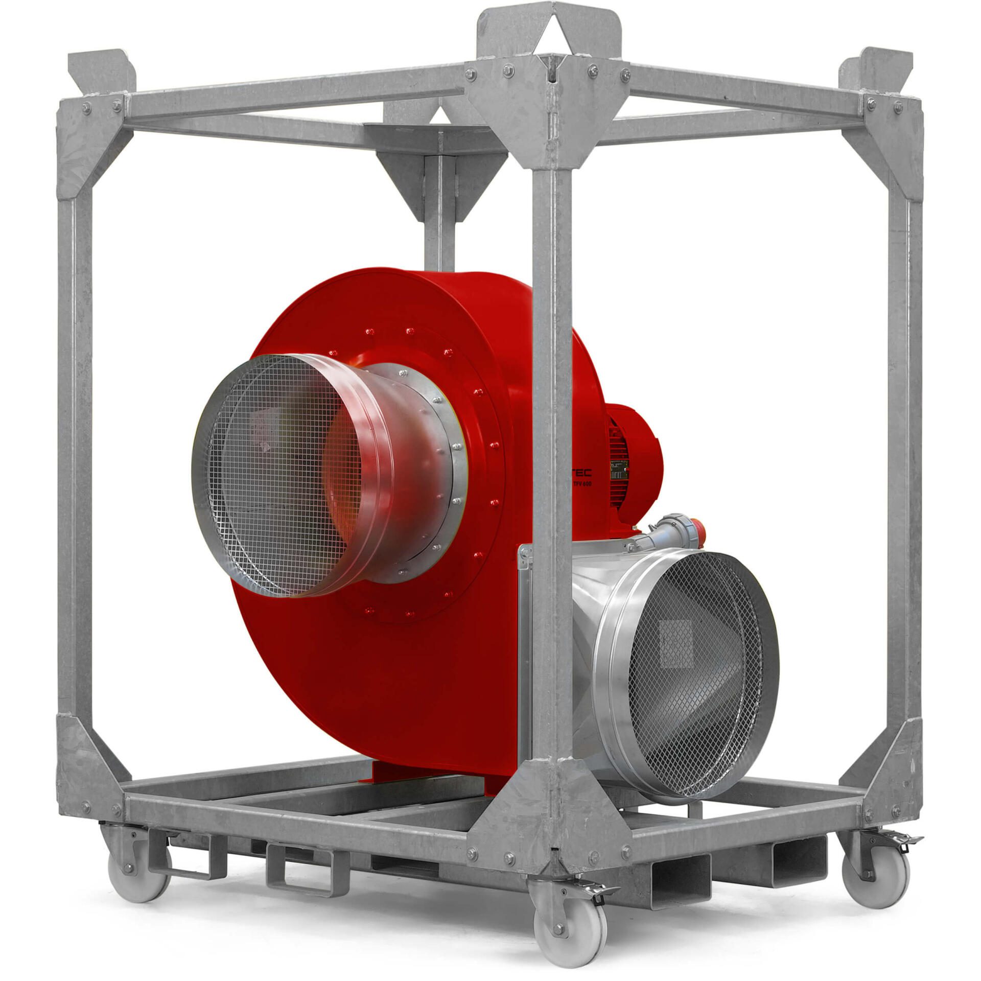 Roter Radialventilator TFV 600 Ex in einem grauen Metallrahmen mit Rädern. Ideal für explosionsgefährdete Bereiche. Sicher und leistungsstark.