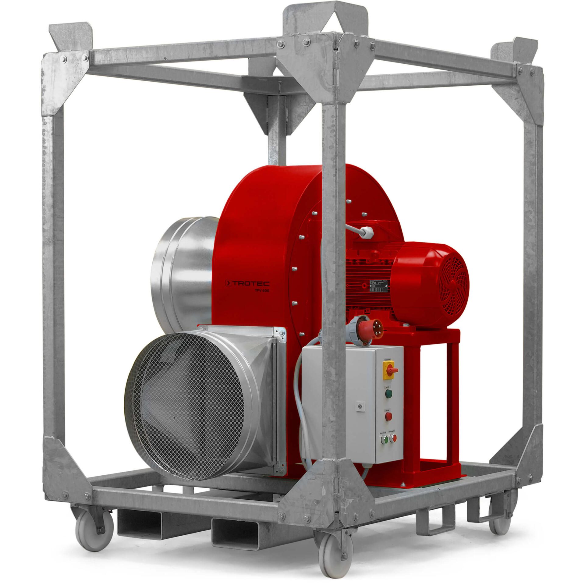 Radialventilator TFV 600 Ex: Robuster Industrieventilator in roter Lackierung, montiert auf einem fahrbaren Stahlrahmen. Ideal für Ex-Zonen.