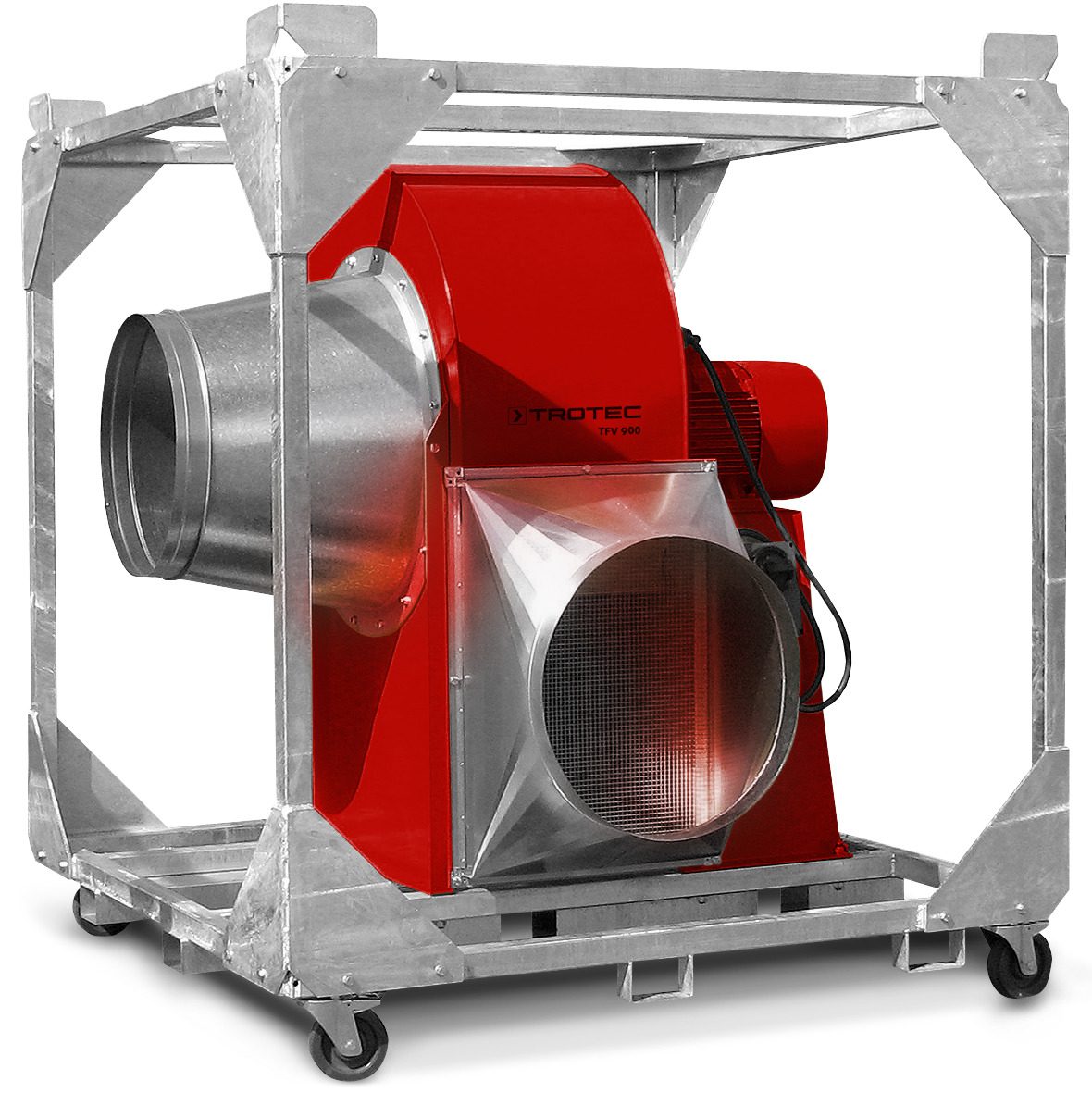 Der Radialventilator TFV 900 EX, hier in roter Ausführung, mit robustem Stahlrahmen und Rollen für mobilen Einsatz. Ideal für explosionsgefährdete Bereiche.