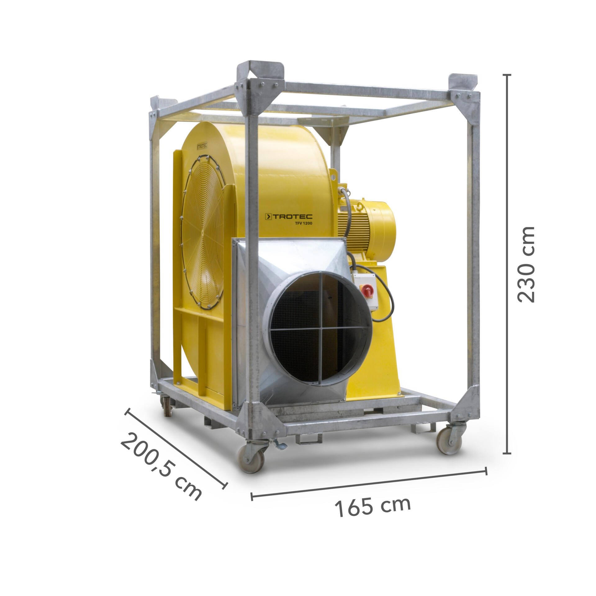 Gelber Radialventilator TFV 1200 von Trotec in einem robusten Metallrahmen mit Abmessungen zur einfachen Platzierung und zum Vergleich.