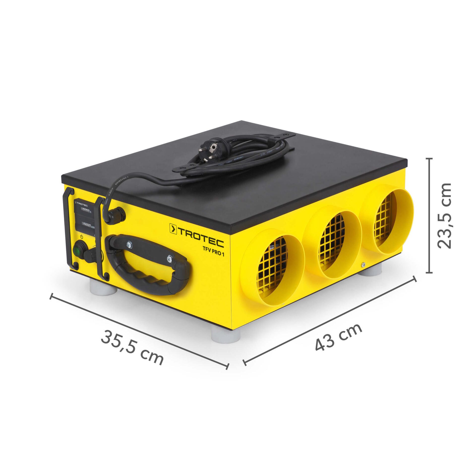 Radiall TFV Pro 1 Gerät: Gelb-schwarzer Bautrockner mit Maßen. Ideal für Neubau, Wasserschaden. Leistungsstark und effizient, 1510003001_Radiall-fter.