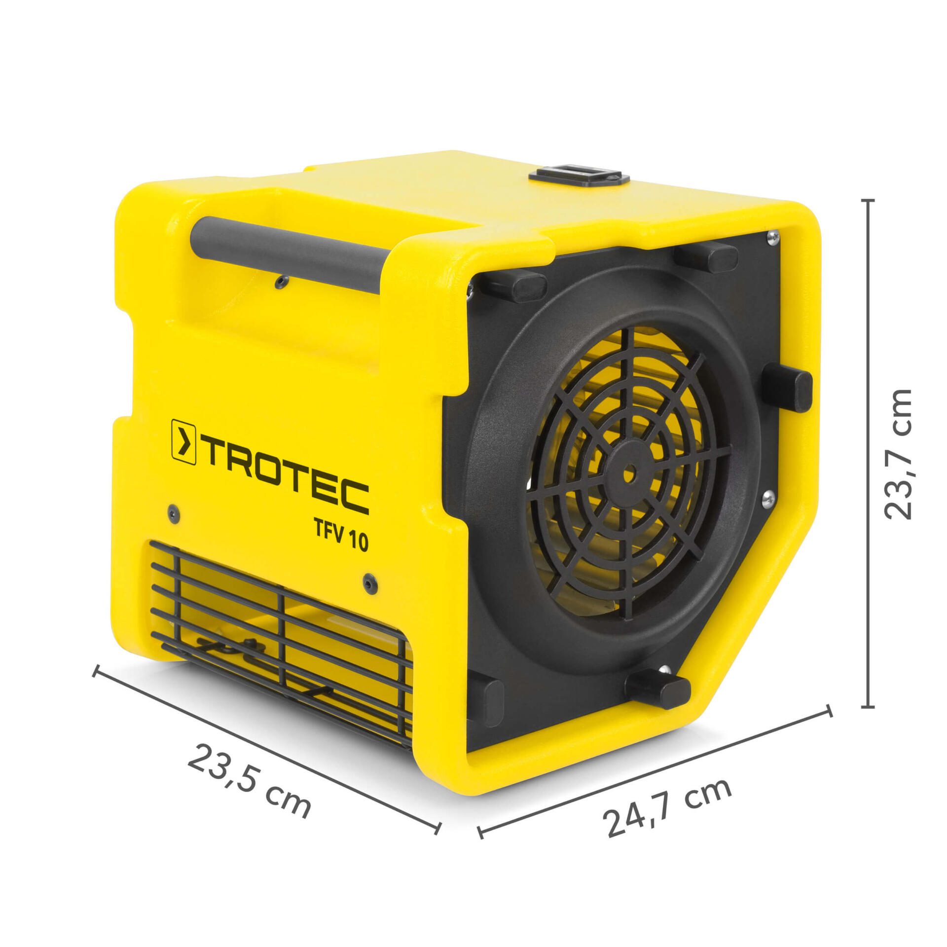 Gelber Turbolüfter TFV 10 von Trotec mit Maßangaben. Kompakter Bautrockner für schnelle Trocknung, ideal für Handwerker und Baustellen.