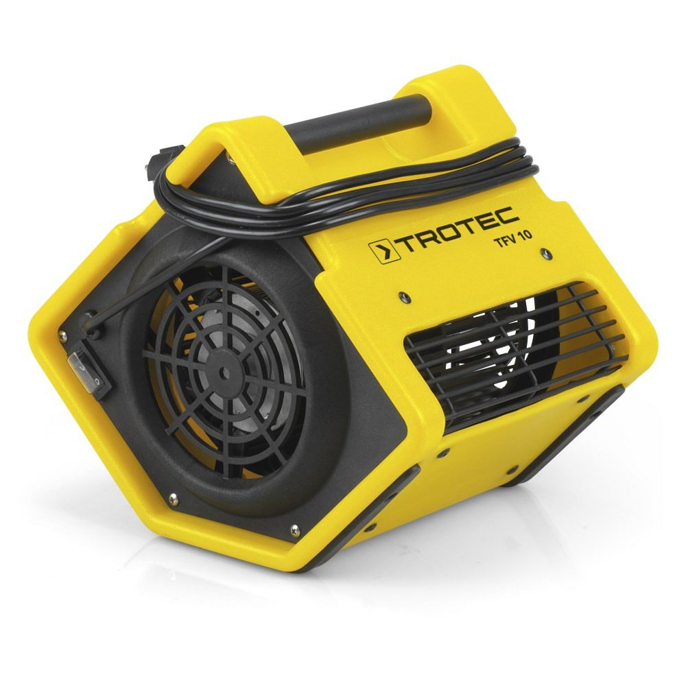 Gelber Turbolüfter TFV 10 von Trotec, ein leistungsstarkes Gerät für Bautrocknung und Belüftung. Ideal zur schnellen Trocknung und Luftumwälzung.