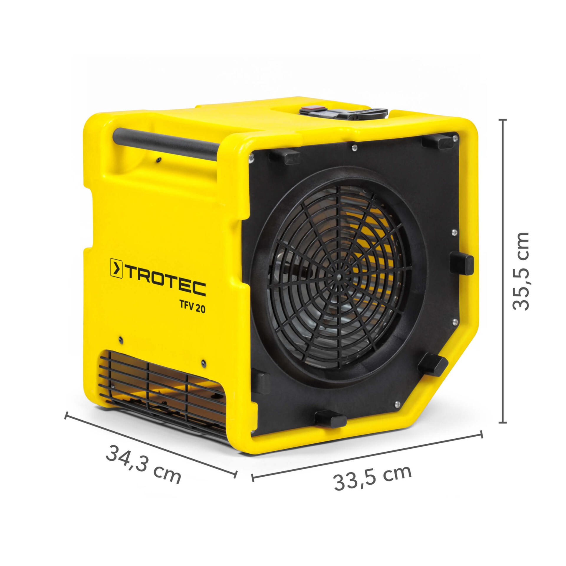 Gelber Trotec TFV 20 Turbolüfter mit sichtbaren Abmessungen. Ideal zur Bautrocknung und Wasserschadensanierung mit hoher Luftleistung.