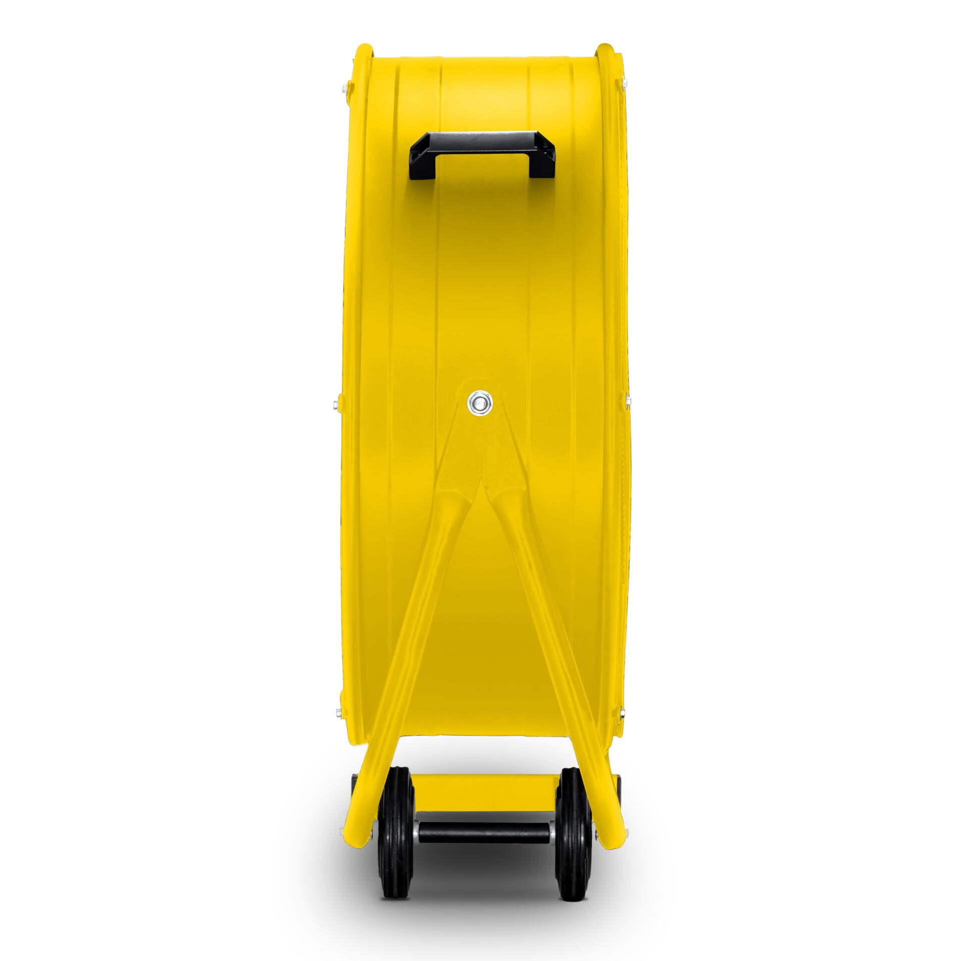 Gelber Trommelventilator TTW 12000 S in Detailansicht. Ideal für Baustellen und Industrie. Robuster, leistungsstarker Ventilator mit Rädern.
