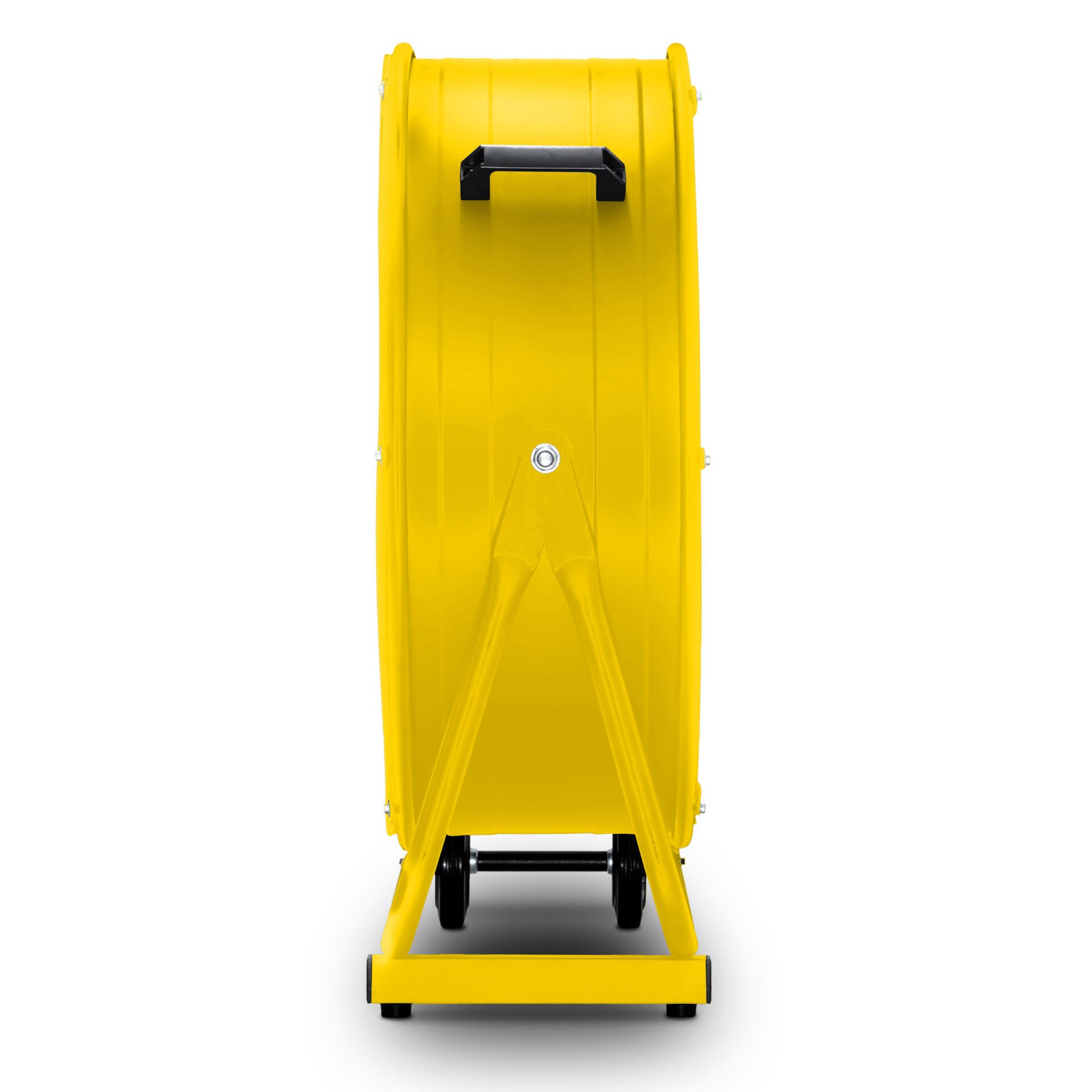 Gelber Trommelventilator TTW 12000 S in Detailansicht. Mobiler Ventilator mit Rädern und Griff für optimale Luftzirkulation. Ideal für Baustellen.