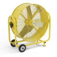Gelber Trommelventilator TTW 25000 S von Trotec. Der Ventilator steht auf einem Rollwagen mit Rädern. Ideal für große Hallen und Baustellen.