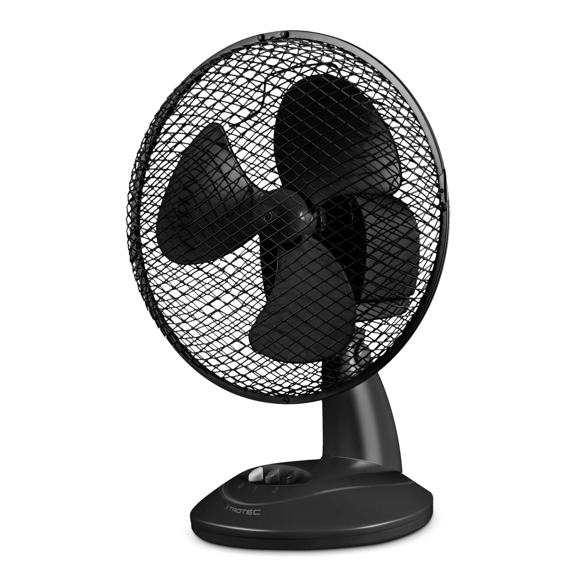 Schwarzer Tischventilator TVE 8 von Trotec mit 90° Oszillation, 25 Watt Leistung. Kompakt, ideal für Schreibtisch oder Nachttisch geeignet.