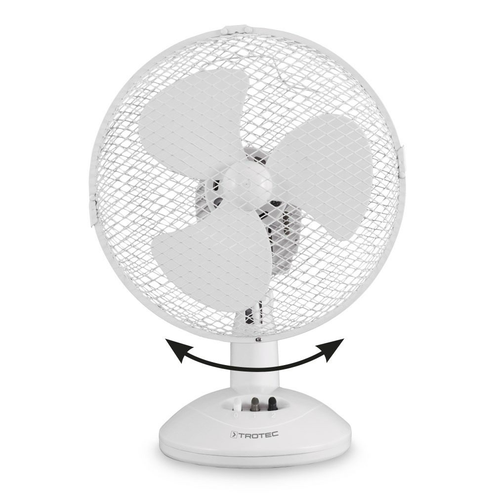 Weißer Tischventilator TVE 9 von Trotec mit 90 Grad Oszillation und 25 Watt Leistung für angenehme Kühlung im Sommer. Bild 2 zeigt Details.