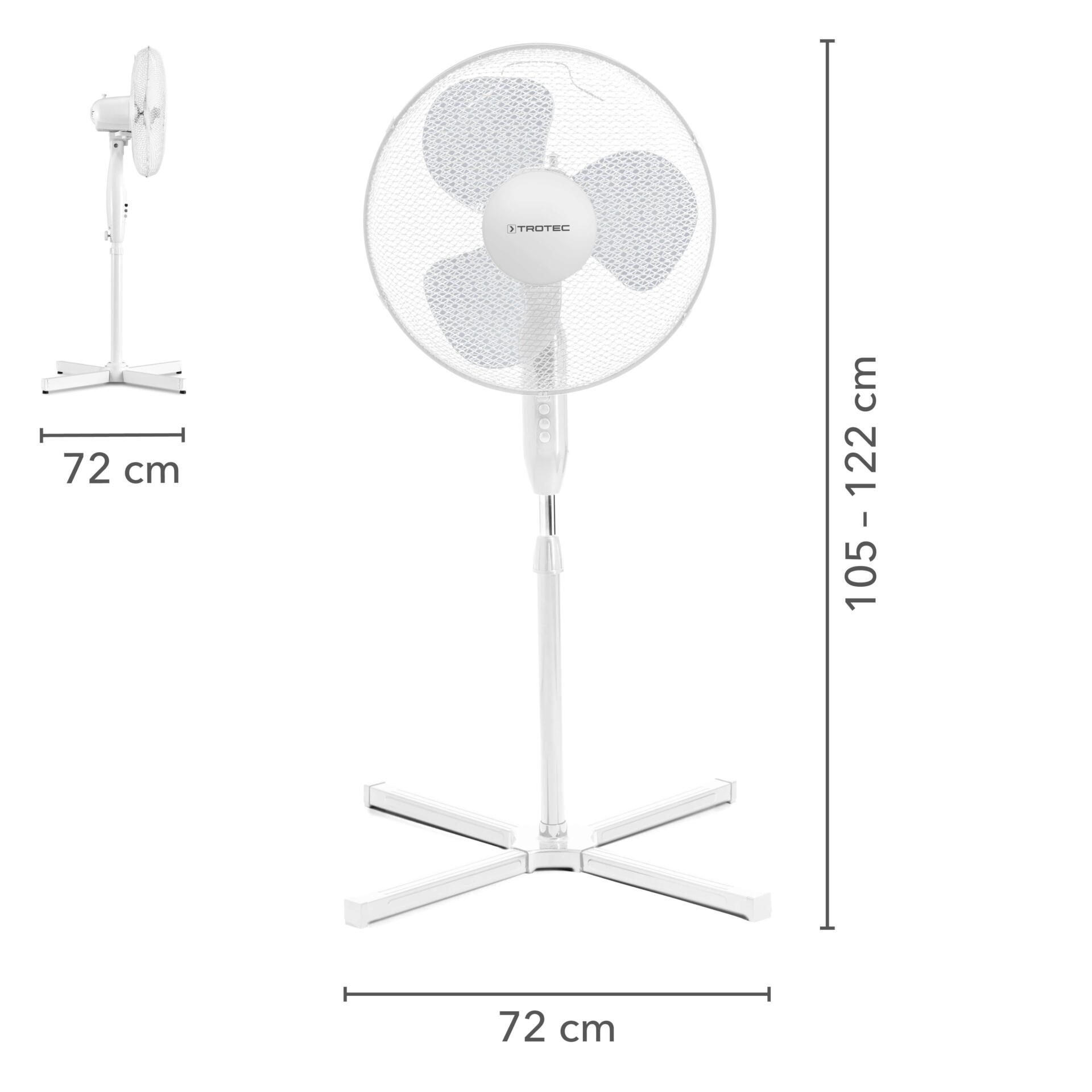 Abbildung des Standventilators TVE 15 S von Trotec. Weißer Ventilator mit 80° Oszillation und 40 Watt Leistung, Maße und Detailansicht.