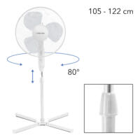 Weißer Standventilator TVE 15 S mit 80° Oszillation und 40 W Leistung. Einstellbare Höhe für optimale Luftzirkulation im Raum. Top!