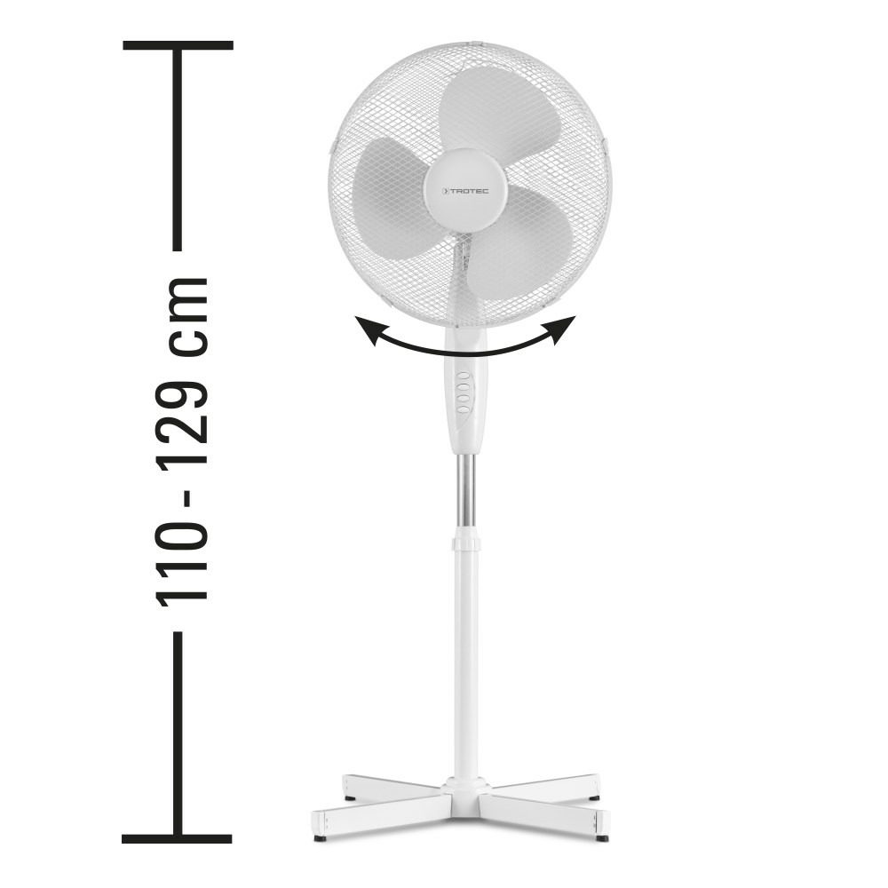 Weißer Standventilator TVE 16 mit 90° Oszillation und 50 Watt Leistung. Die Höhe ist zwischen 110 und 129 cm einstellbar. Frischluft für heiße Tage.