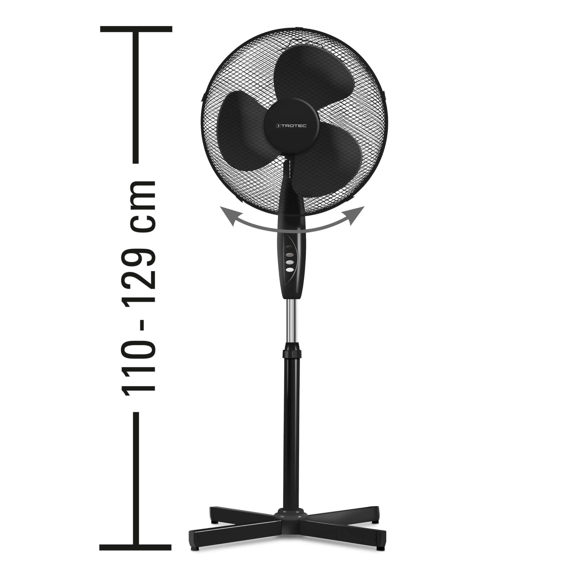 Schwarzer Standventilator TVE 18 S mit 90° Oszillation und 50 W Leistung. Höhenverstellbar von 110 bis 129 cm für optimale Luftzirkulation.