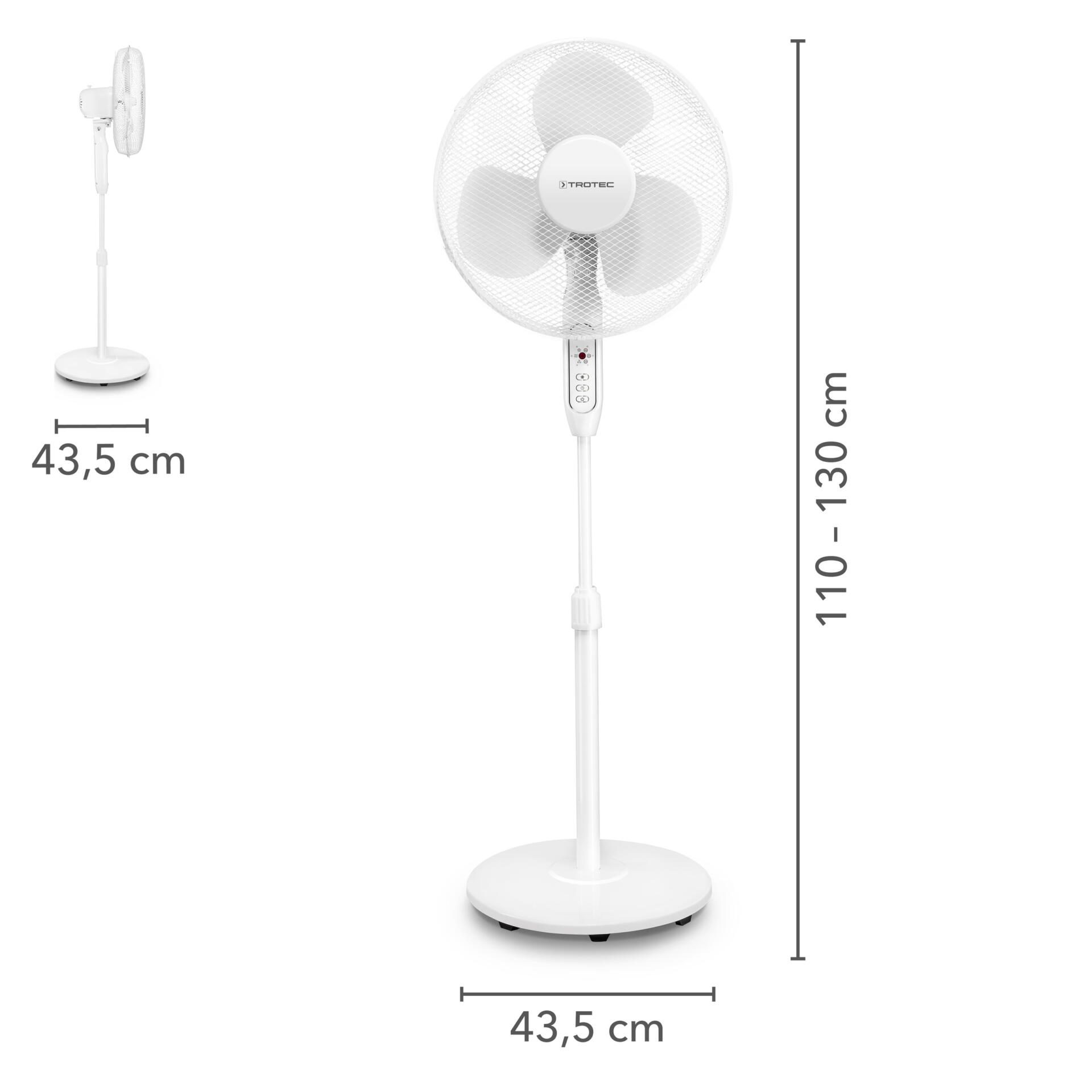 Weißer Standventilator TVE 25 S mit Fernbedienung, 80° Oszillation, höhenverstellbar (110-130cm), Basisdurchmesser 43,5 cm für optimale Luftzirkulation.