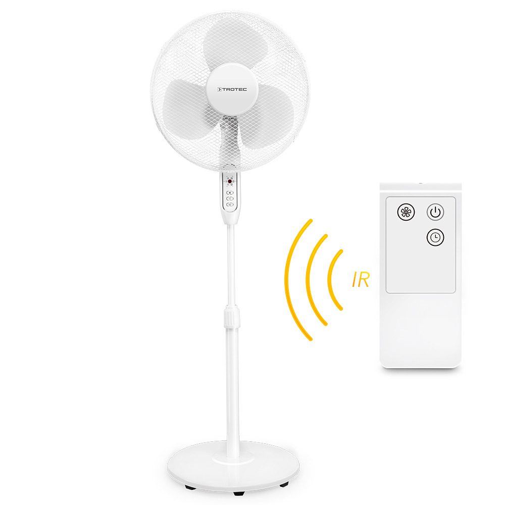 Weißer Standventilator TVE 25 S mit Fernbedienung. 80° Oszillation für optimale Luftverteilung. Komfortabel und effizient für heiße Sommertage.