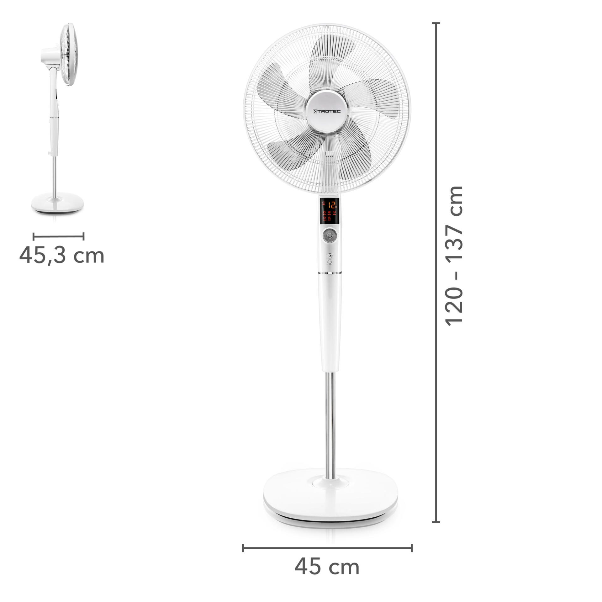 Design-Standventilator TVE 26 S: Oszillierender Ventilator mit Fernbedienung, weiß, für optimale Luftzirkulation und angenehme Kühlung.