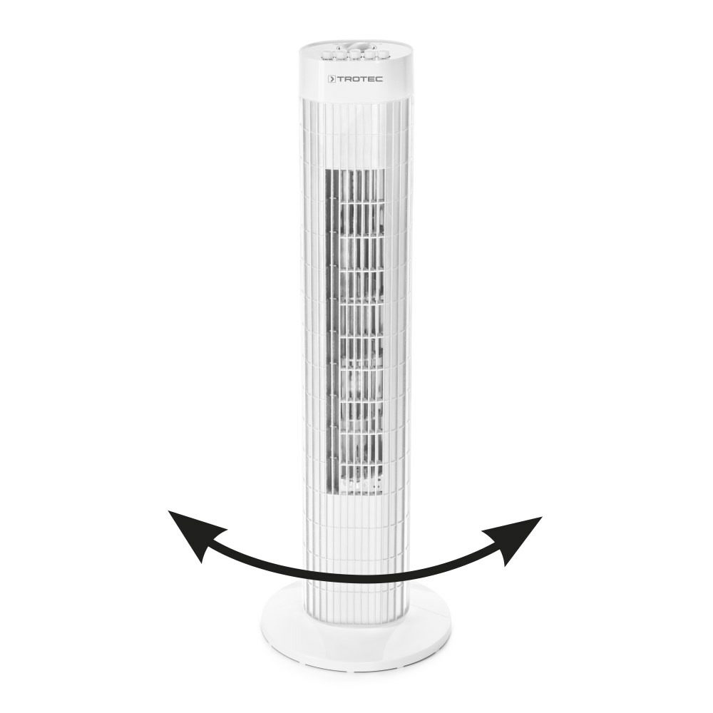 Weißer Turmventilator TVE 30 T von Trotec mit 60° Oszillation und 45 Watt Leistung für optimale Luftverteilung und Kühlung im Raum.