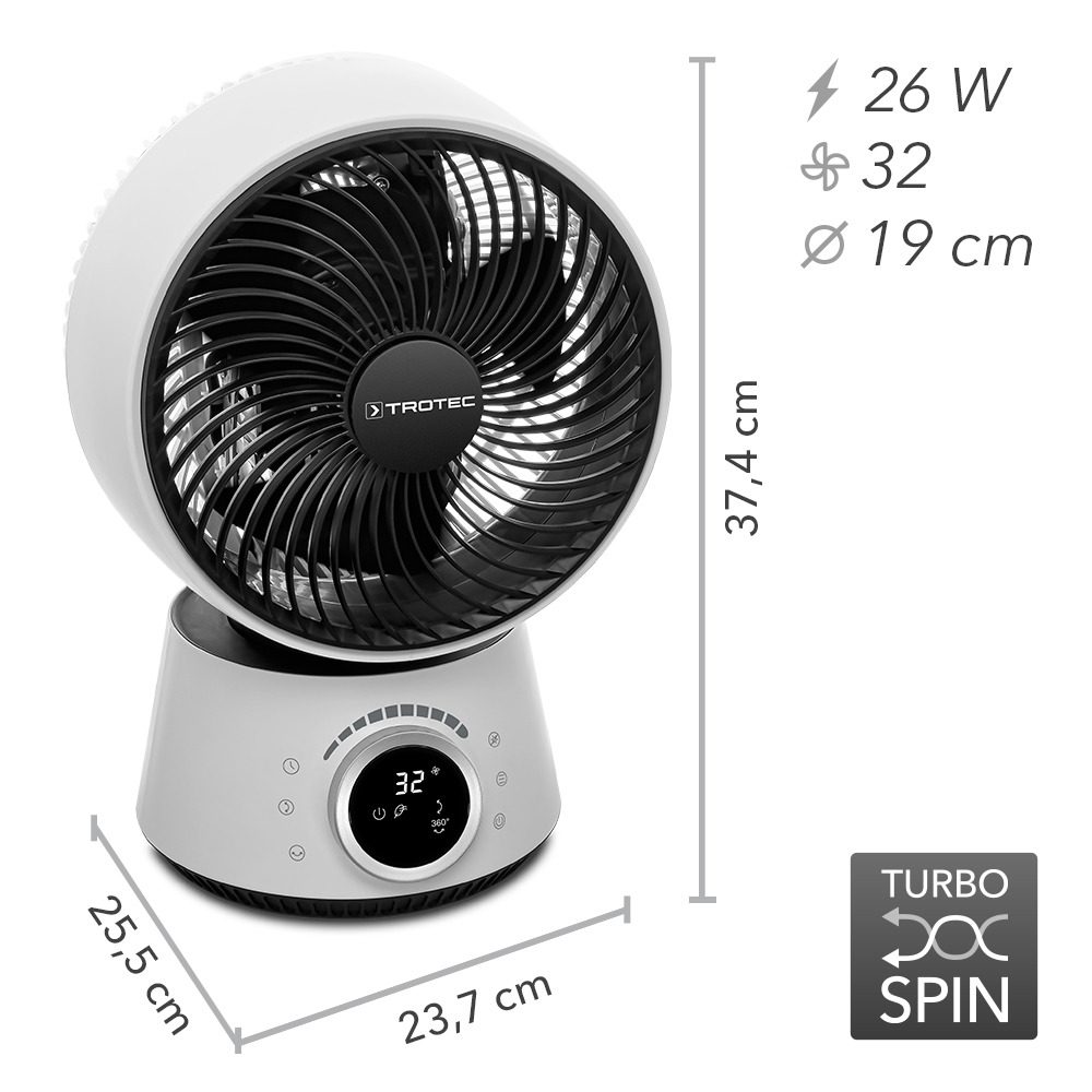 360° Turbo Ventilator TVE 100 mit 3D-Oszillation und Fernbedienung: Kompakter, weißer Ventilator mit technischen Daten und Maßen. Effiziente Kühlung!